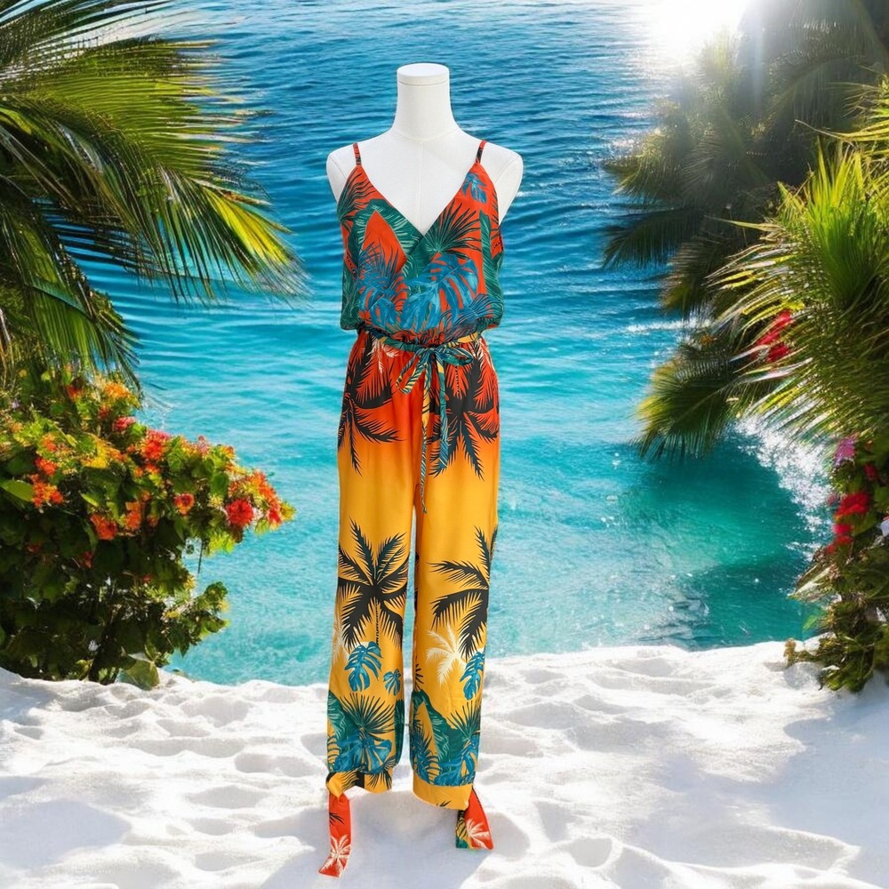 Tropical Palm Print Spaghetti-Strap Jumpsuit - Orange & Teal